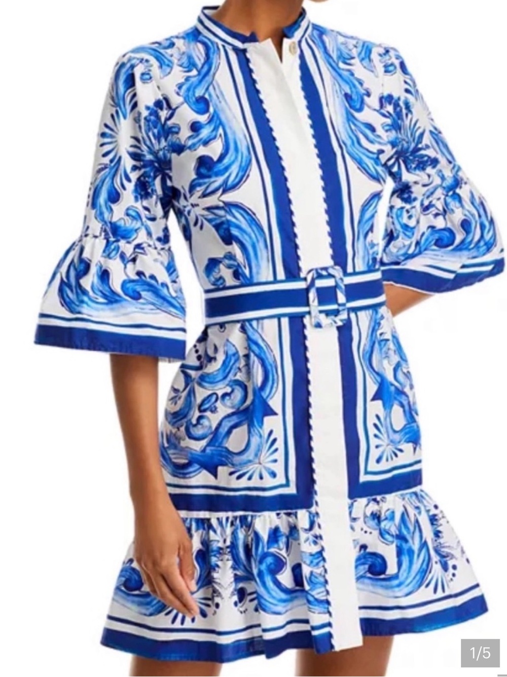 Farm Rio Garden Tiles Bell Sleeve Mini Dress